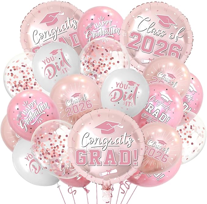 Pink and Rose Gold Graduation Balloons Graduation Decorations 2026, 51Pcs Grad Latex Balloons and Grad Foil Balloon with Confetti Ribbons Grad Party Decorations for College High School