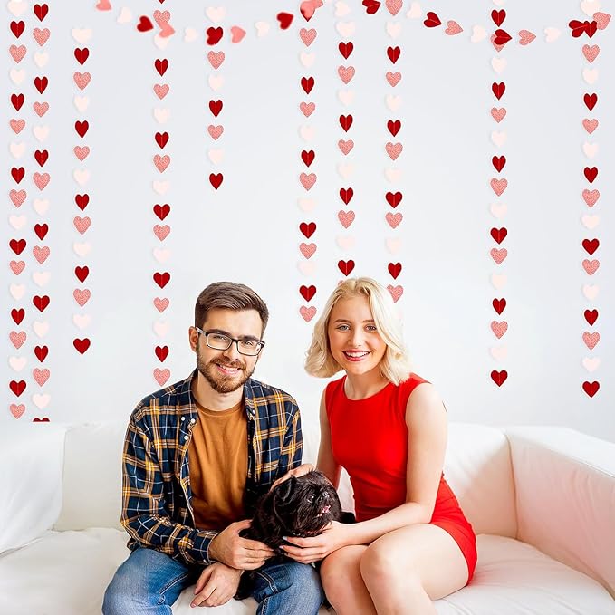Valentines Day Decorations,Rose Gold Pink and Red Party Decorations Garland - 52Ft -Pack of 4-Heart Paper Streamers Banner for Valentines Mothers Day Bachelorette Bridal Shower Engagement Wedding