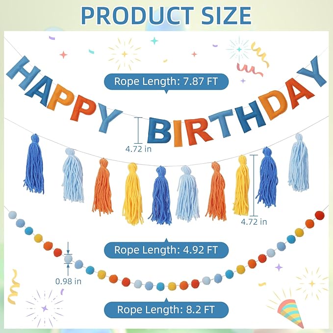 Pre-Strung Happy Birthday Banner Blue and Orange Party Decorations Felt Ball Garland Sign for Blue Dog Birthday Party Décor