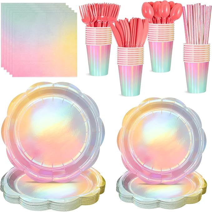 200 Pcs Iridescent Pastel Party Supplies Decorations, 25 Guest Scalloped Iridescent Pastel Plates and Napkins, Holographic Rainbow Plates Cups Napkins Straw Silverware for Girls Birthday