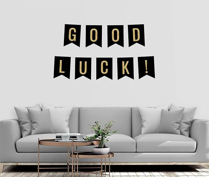 Andaz Press Faux Gold Glitter on Black Retirement Party Banner Decorations, Good Luck!, Approx 5-Feet, 1-Set, Birthday Wedding Baby Shower Colored Hanging Pennant Decor