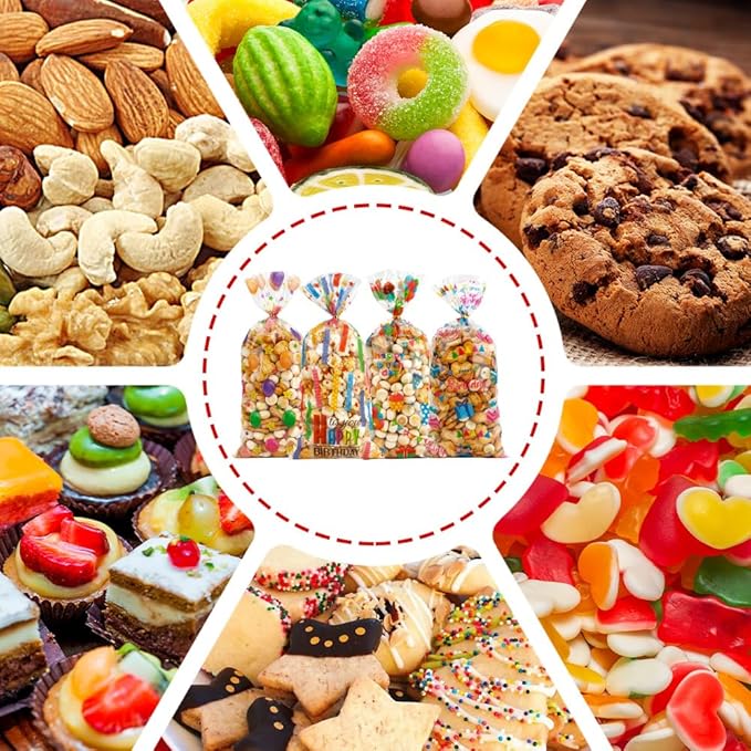 100 PCS Happy Birthday Cellophane Treat Bags(5x11 Inch) with Ties Colorful Plastic Goodie Candy Cookie Goody Loot Gifts Bags Bulk Pouches for Birthday Party Favors Supplies Decorations for Kids