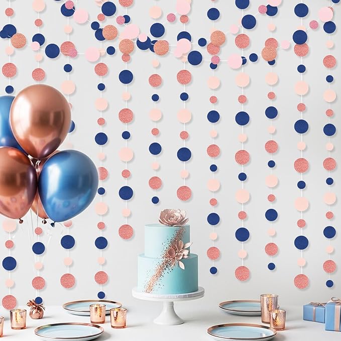Outus 5 Pieces Blue,Pink,Rose Gold Round Dots Garland Easter Graduation Party Hanging Decor Each Length 13.1ft Glitter Paper Dot Streamers for Birthday Wedding Classroom