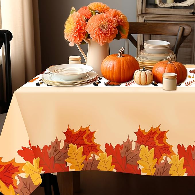 Childom Thanksgiving Tablecloth, 3 Pack Disposable Plastic Tablecloth 54" x 108" Thanksgiving Decorations, Autumn Maple Leaf Party Table Cover, Fall Harvest Party Decor for Outside,Picnic,Home,Dinner