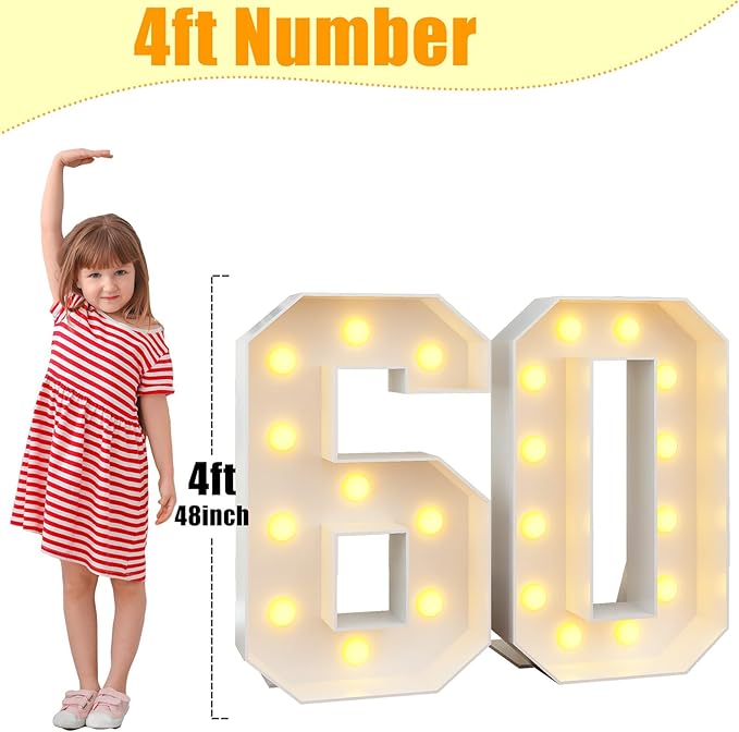 4ft Light Up Numbers 60 Numbers with Lights Bulbs White Slot-in Marquee Frame for Men Women 60th Birthday Party Decorations Pre-Cut Mosaic Cardboard Large Cut-Out Thick Foam Board Sign Anniversary