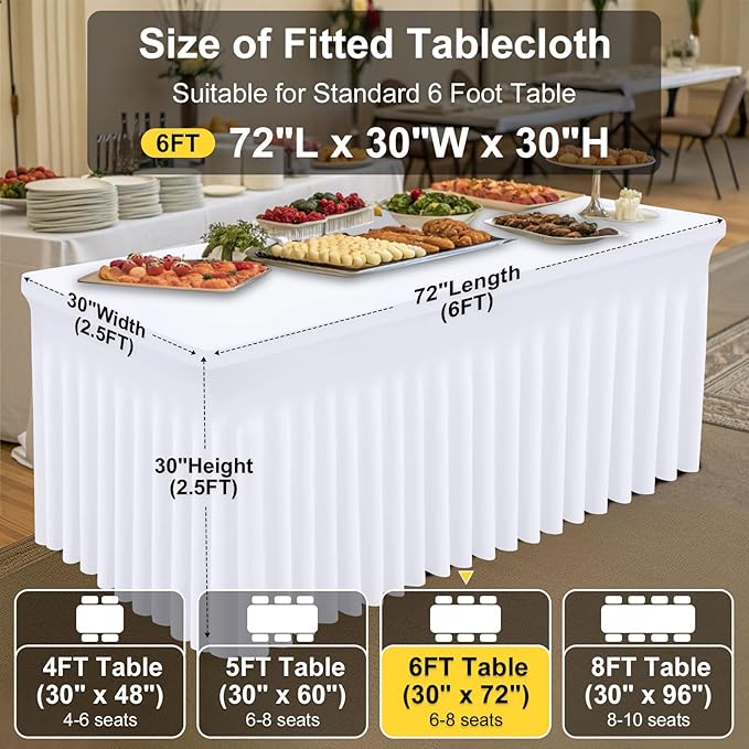 Smiry Spandex Tablecloth, Elastic Fitted Stretch Tablecloth for 6FT Rectangle Tables, Waterproof Washable Table Cover Skirt for Outdoor, Wedding, Banquet & Parties (White, 72Lx30Wx30H Inch)