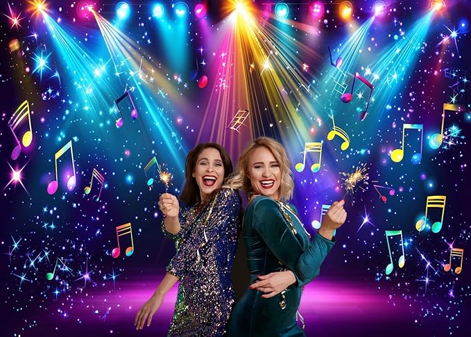 AIIKES 12x10ft Rainbow Stage Photography Backdrop1980s Colorful Disco Backdrop Rock Music Glow Neon Dance Birthday Party Decorations Backdrop XY142
