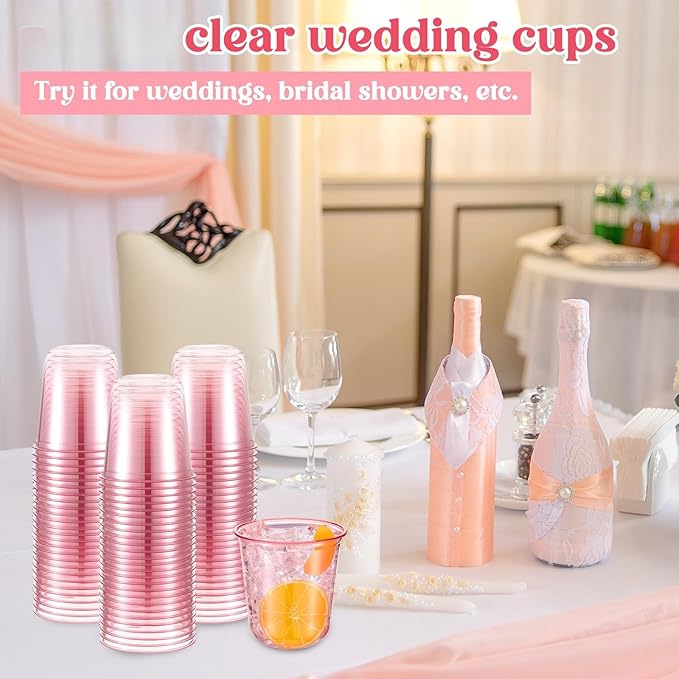 100 Pcs Disposable Stemless Glasses 12oz Crystal Plastic Wine Glasses Clear Classic Pet Cup for Meeting Weddings Birthdays Cocktail Christmas Party Supplies (Pink)