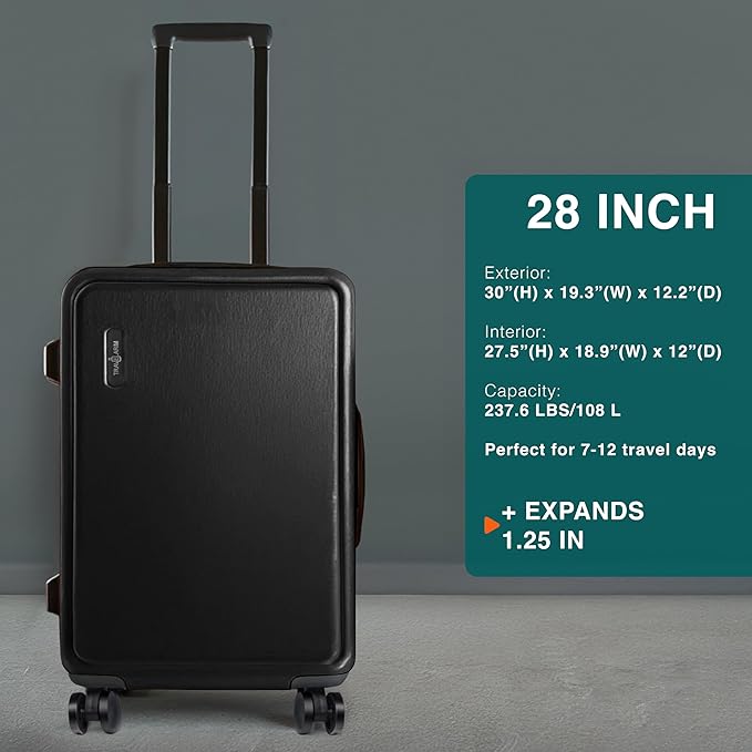 TRAVELARIM Luggage Sets 2 Piece, 24 Inch Suitcase and 28 Inch Luggage with Spinner Wheels, Durable Hard Shell Suitcase Set, Expandable Travel Suitcases with Wheels, Jet Black
