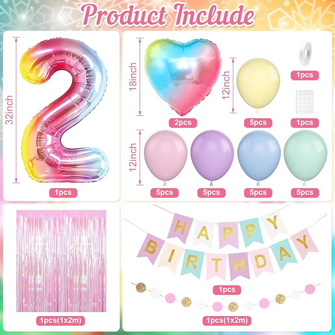 2nd Birthday Decorations Rainbow,Gradient Number 2nd Balloon,Pastel Happy Birthday Banner Fringe Curtain Heart Foil Balloons Boys Girls 2 Year Old Decor