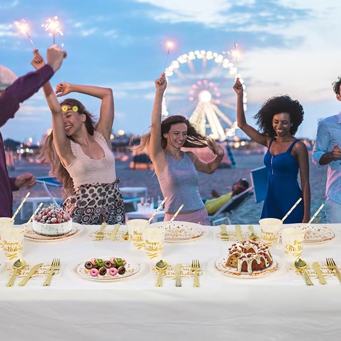 201 Pieces Birthday Plate Set, Birthday Decorations, Includes Paper Plates, Paper Cups, Straws, Napkins, Tablecloths, and Plastic Knives, Forks, and Spoons, Suitable for parties of 25 people!（White）