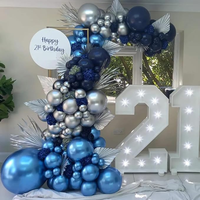 Blue Balloon Arch Kit, 152Pcs Explosion Star Various Blue and Silver Latex Balloon Garland kit Different Size Balloons for Anniversary Birthday Wedding Baby Shower Dark Party Decorations