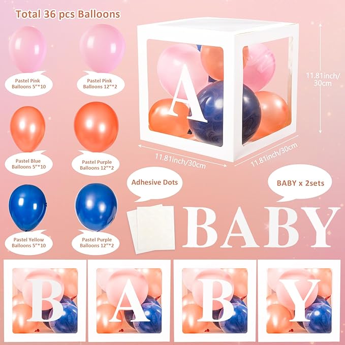 Baby Boxes with Letters for Baby Shower, Gender Reveal Decorations with Navy and Rose Balloons for Gender Reveal Birthday Wedding Baby Shower Decorations(Navy and Rose Balloons)
