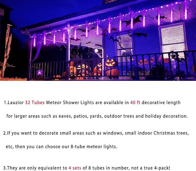 Christmas Decoration Outdoors - 32 Tubes Meteor Shower Lights, Waterproof Falling Rain Lights for Halloween Decor Xmas Tree Garden Yard Wedding Party, Purple