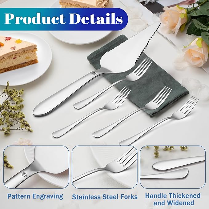 1 Pcs Cake Pie Server and 4 Forks Set for Wedding, Elegant Pizza Slicer Server Set with Stainless Steel Big Serrated Edges, Cake Cutter Pie Spatula for Birthday Anniversary, Silver