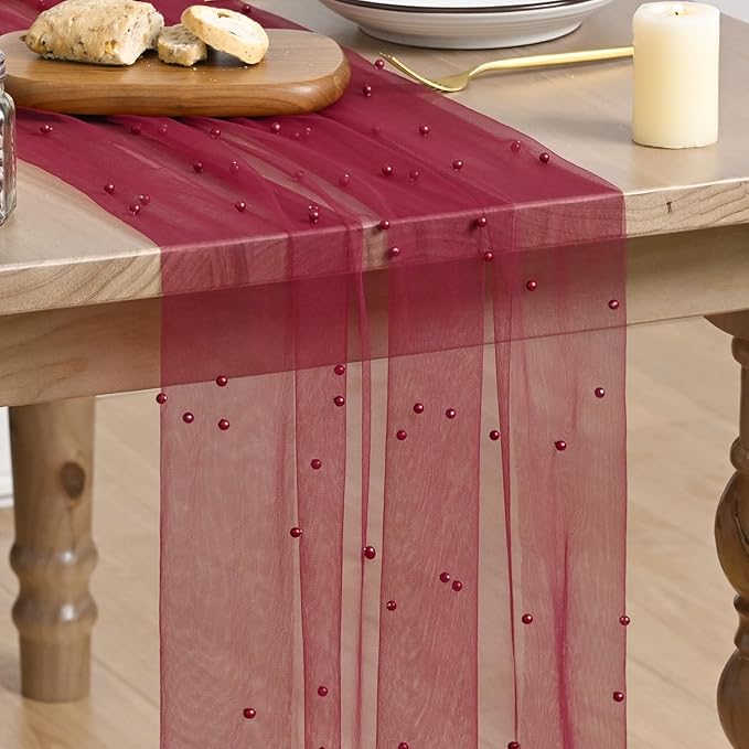 Artoid Mode 6PCS Pearl Burgundy Gauze Table Runner 120 Inch 10FT, Seasonal Sheer Dining Holiday Wedding Birthday Baby Shower Table Decor for Home Party