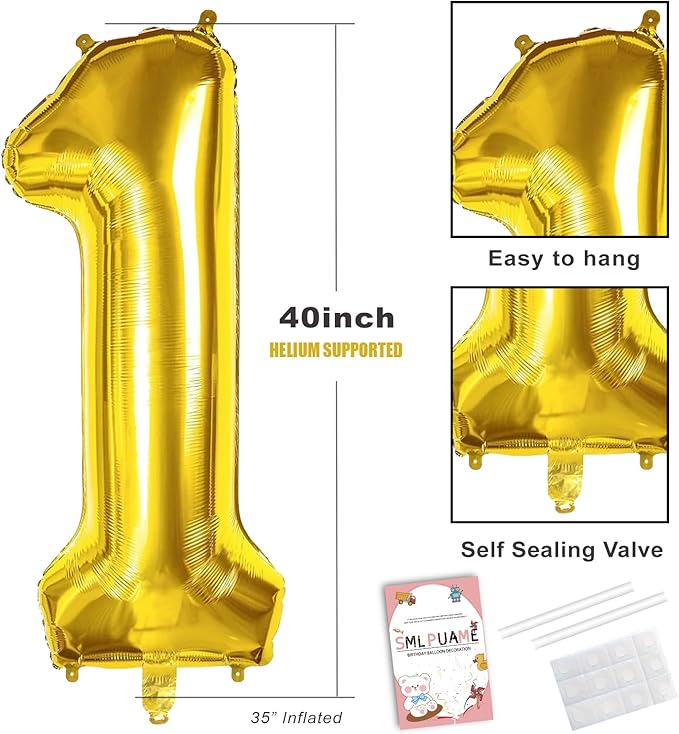 Smlpuame 40 inch Number Balloon 0-9 Gold Large Number 1 Balloons,Digital Balloons for Birthday Party Celebration Decorations Supplies, Helium Foil Number Balloons for Wedding Anniversary