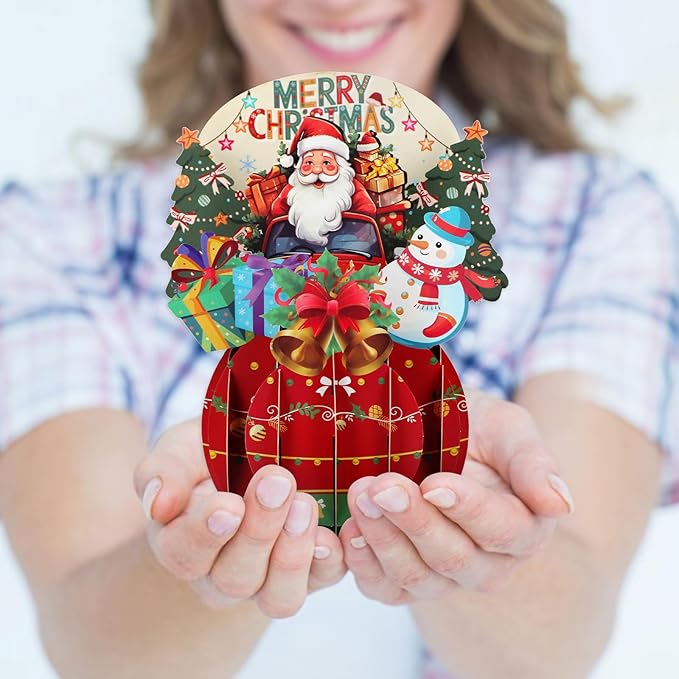 FaCraft Pop Up Christmas Card - with Envelope and Seal, Handmade 3D Merry Christmas Gift for Winter, Holidays, New Year (Santa Driving Truck)