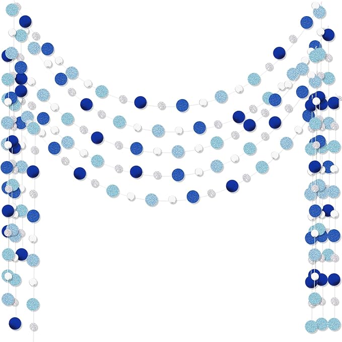Outus 5 Pieces Round Dots Circle Garland Royal Navy Blue Hanging Paper Hanging Decor Each Length 13.1ft Glitter Paper Dot Streamers for Birthday Wedding Classroom Bridal Baby Shower(Silver, Blue)