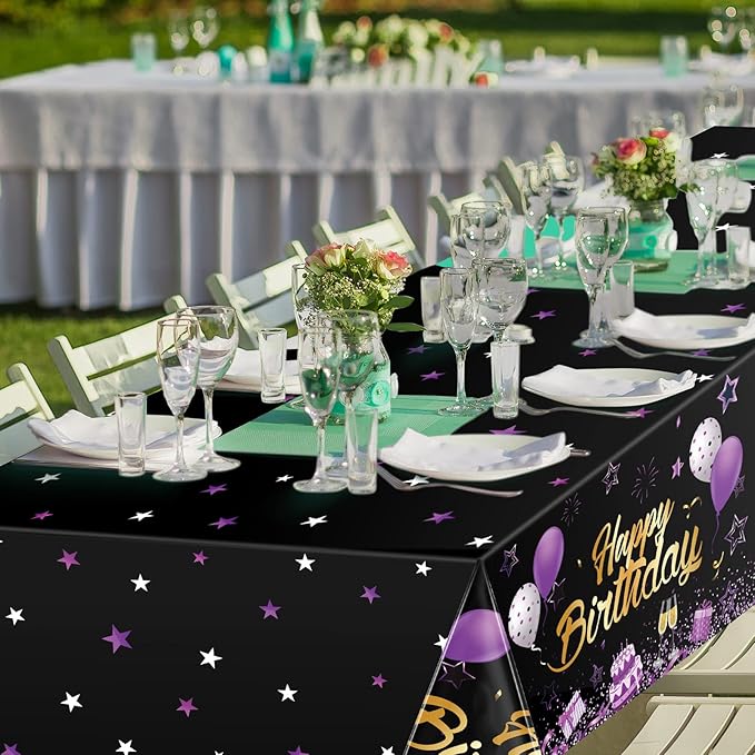 Breling Birthday Party Supplies Confetti Sprinkles Happy Birthday Tablecloths Starry Table Covers for Party Decorations, 54 x 108 Inches(Purple and Black,3 Pack)