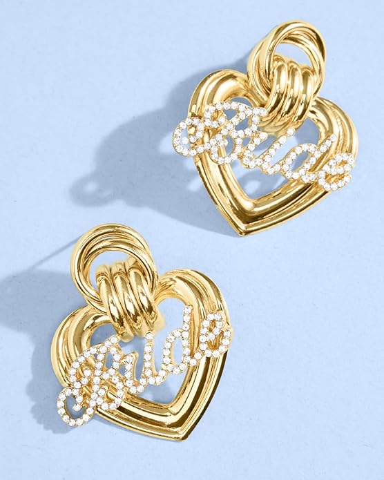 xo, Fetti Gold + Rhinestone Bride Heart Earrings | Bachelorette Party Jewelry, Bridal Accessory, Rehearsal Dinner Outfit, Bridesmaid Gift, Oversized Look
