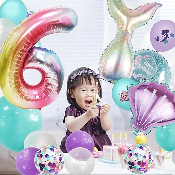 Mermaid Birthday Decorations Mermaid Balloons - Number 6 Balloons for Girls Under The Sea Mermaid Theme Baby Shower Birthday Favors