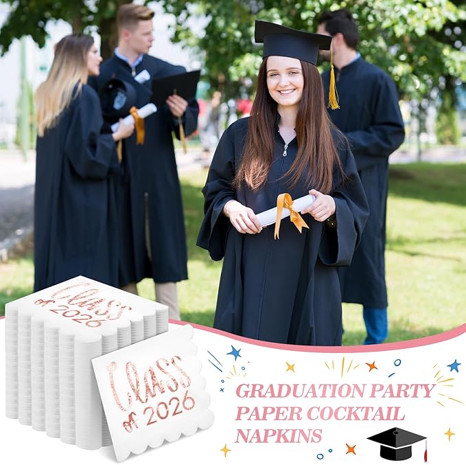 100 Pcs Class of 2026 Graduation Cocktail Napkins 5 x 5 Inch Congrats Grad Scalloped Paper Napkins for Dinner Beverage Graduate Decorations(Rose Gold)