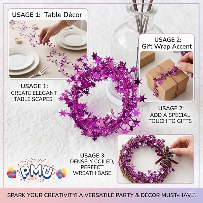 PMU 300 Ft Star Wire Shiny Garland Light Pink - Halloween, Christmas Party, Wedding, Birthday, Festive Home Decoration Ornament Light Pink (12pc-25Ft Each)