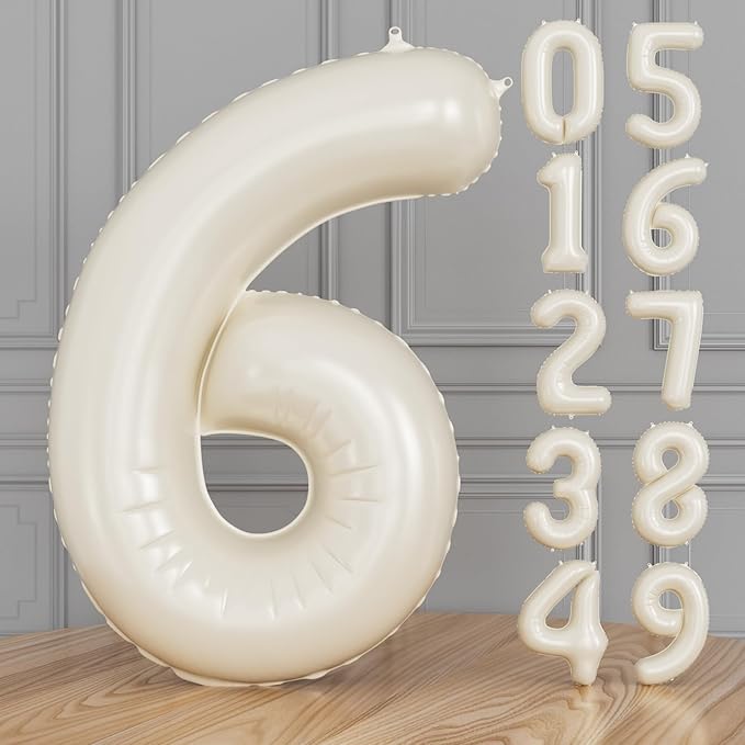 Cream Number 6 Balloons – 40 Inch Giant Foil Number Balloon, Light Cream Number Balloon for Birthday Anniversary Baby Shower Party Decorations