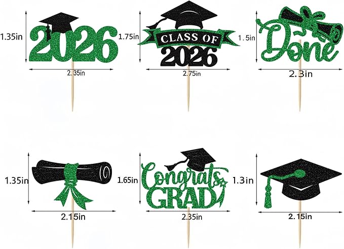 2026 Graduation Cupcake Toppers, 36 pack Green Glitter Class of 2026 Congrats Grad Diploma Grad Cap Cupcake Picks for 2026 Graduation Party decorating Supplies
