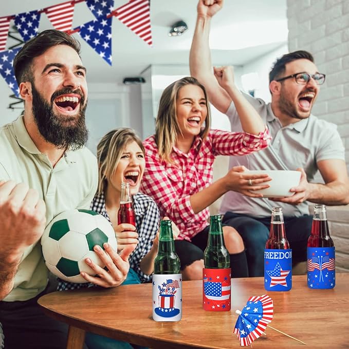4th of July Decorations, 12 PCS Can Cooler Sleeves for Independence Day Accessories, Patriotic Party Favors, Collapsible Insulation Cover for Memorial Day Fourth of July Decorations Outdoor Indoor