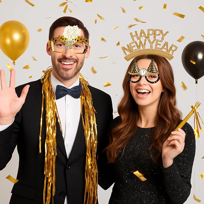 New Years Eve Party Supplies 2026 – 65 PCS Celebration Kit with Headbands, Cone Hats, Glasses, Necklaces, Noise Makers, Photo Booth Props & Wristbands – Gold Silver Happy New Year Decorations