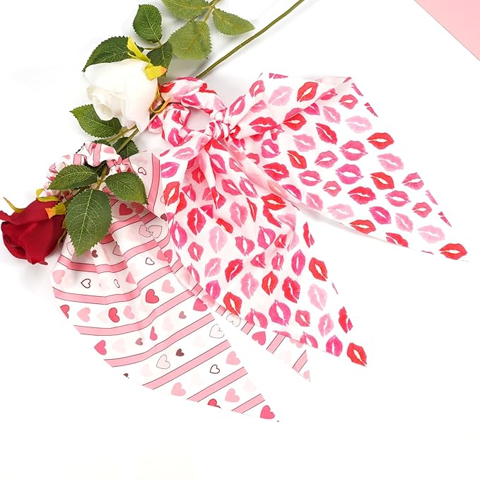 Valentine's Day Hair Ties for Woman Girls Heart Ribbon Valentines Hair Scrunchies Elastic Pink Stripe Lip Hair Tie Party Supplies Hair Accessories 2PCS