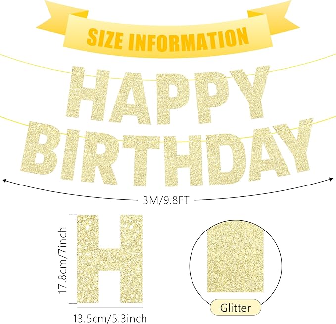 Pre-Strung Happy Birthday Banner Sign - NO DIY, Glitter - Gold Birthday Party Banner for Women Men Girls Boys