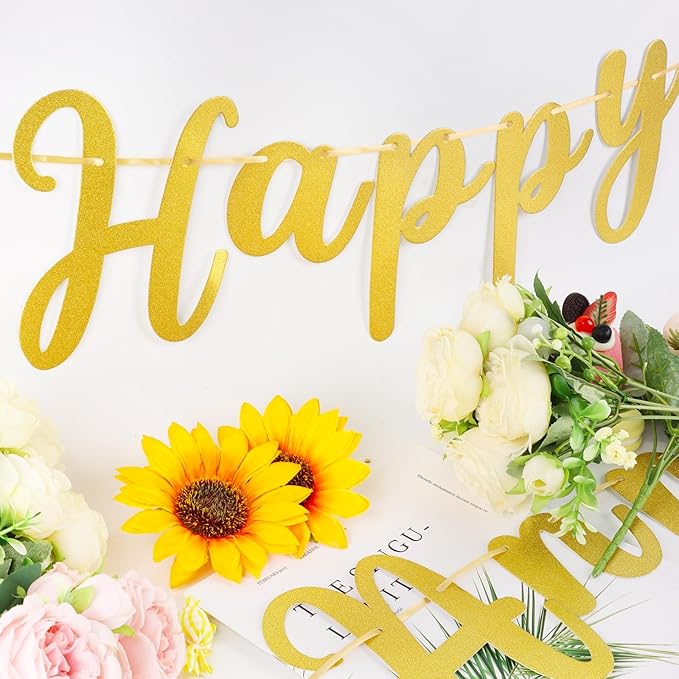 Happy Anniversary Banner Sign Gold Glitter Wedding Bunting Banner Flag Garland for Anniversary Party Decorations Supplies