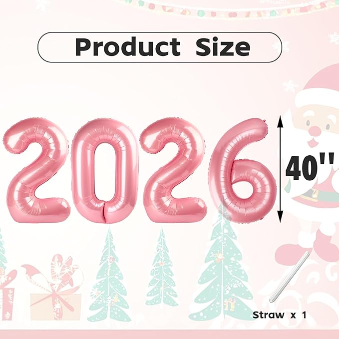 40 Inch Number Balloons, Happy New Year 2026, Pearl Pink New Years Decorations, 2026 Balloon for Graduation Happy New Year and 2 6 20 26 Birthday Parties