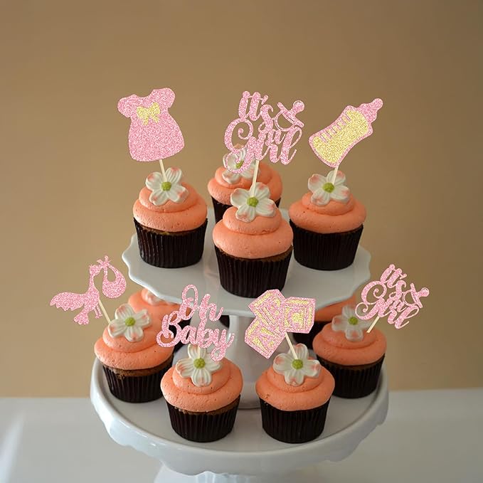 Gyufise 24Pcs Oh Baby Cupcake Toppers Glitter It's a Girl Cupcake Picks Bow Dress Baby Bottle Baby Shower Cake Decorations for Gender Reveal Baby Shower Kids Girls Birthday Party Supplies Pink