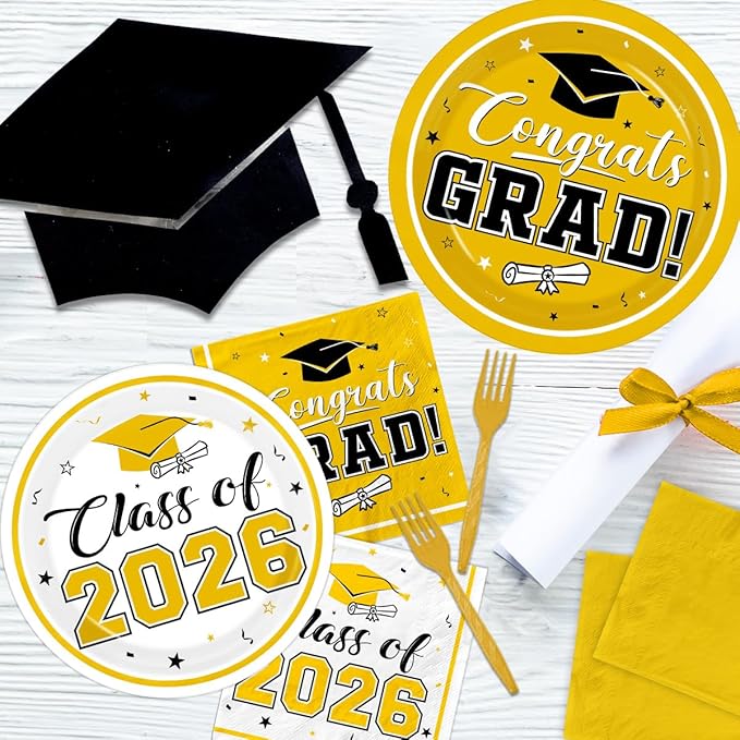 Graduation Party Plates and Napkins Yellow Class of 2026 Grad Congrats Party Supplies Disposable Dessert Paper Plates Cocktail Napkins forGraduation Party Decorations,Serve 50