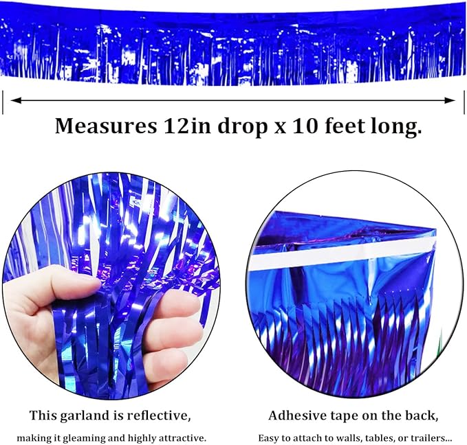 4 Pack Royal Blue Total 40 Feet Foil Fringe Garland Metallic Tinsel Banner Wall Hanging Drapes Parade Float Skirting Decorations for Trailer Mardi Gras Party Birthday Wedding Baby Shower