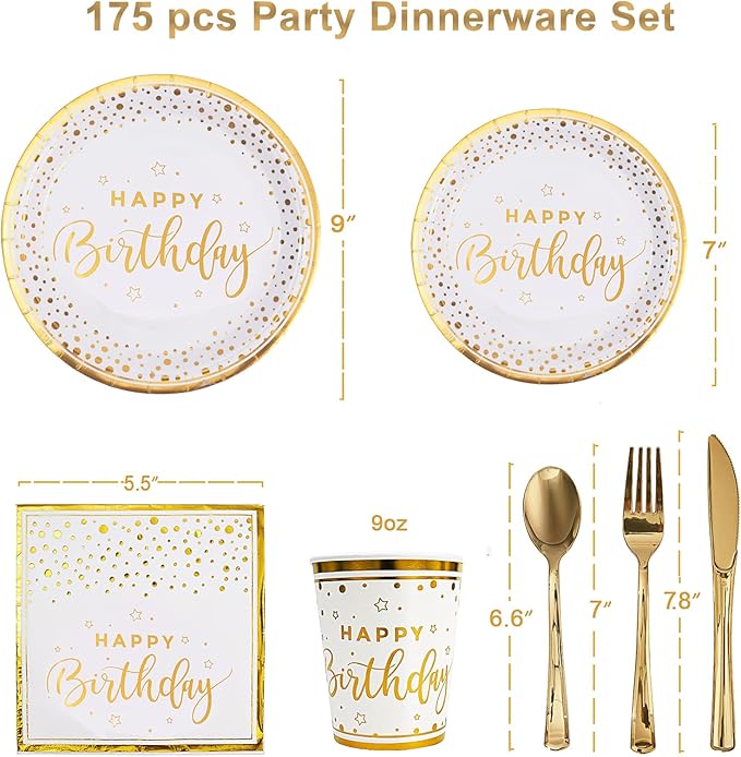 175PCS Happy Birthday Plates and Napkins Party Supplies, Gold Dot Paper Plates and Napkins with Gold Plastic Forks Knives Spoons Serve 25 Guests for Birthday Party Decorations