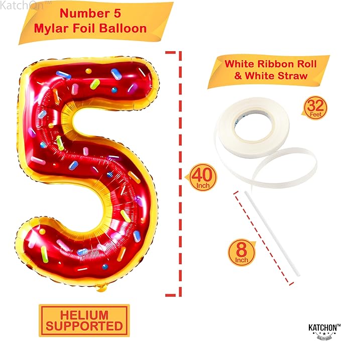 KatchOn, Giant Donut Number 5 Balloon - 40 Inch | 5th Birthday Balloon for Donut Party Decorations | 5 Balloon Number | 5th Balloons for Birthday Party | Five Balloon for Birthday Decorations