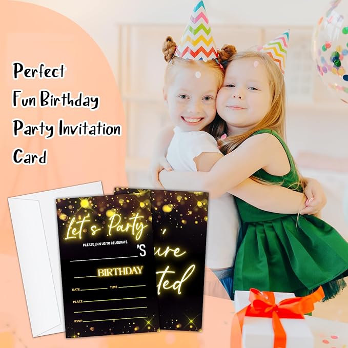 Let's Party! Birthday Party Invitation Cards for Boys Girls, Gold Glitter Birthday Celebration Party Invite Cards Supplies, 20 Double-Sided Fill In Invites With Envelopes -16