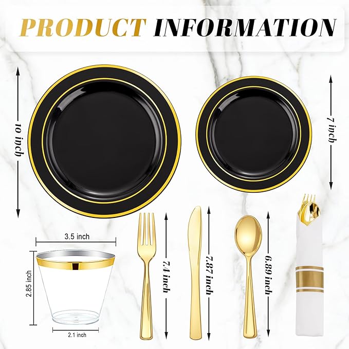175PCS Black and Gold Plates - Black Disposable Plates for Party - 25Guests Disposable Dinnerware Set for Graduation Wedding Party Birthday