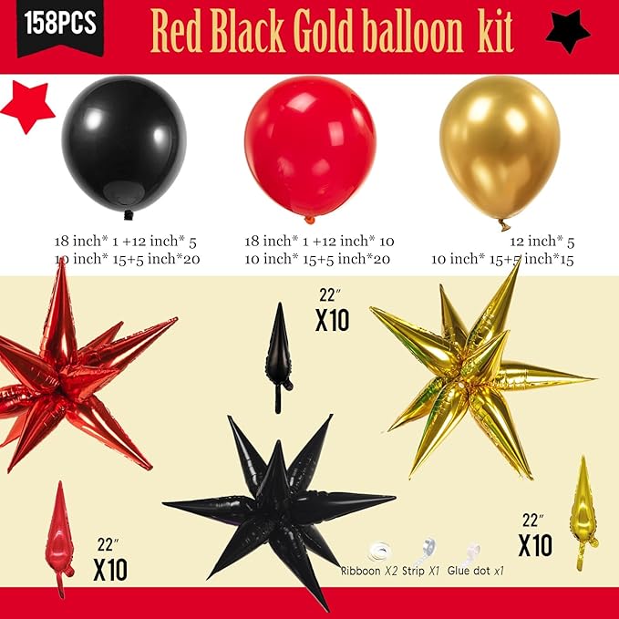 Black Red and Gold Balloon Garland Arch Kit 150PCS – Starburst Balloons for 2025 Graduation Party Decorations, Prom, Class of 2025, Movie Night or Casino Theme Celebration