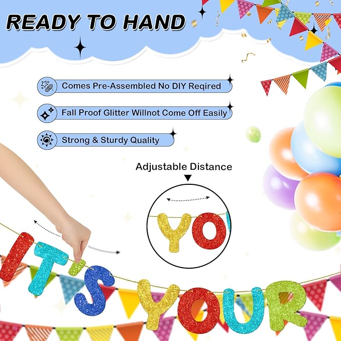 Fulmoon Pre Strung Yay It's Your Birthday Banner Glitter Happy Teen Boys Teen Girls Adult Banner Glitter Funny Birthday Party Decorations(Colorful)