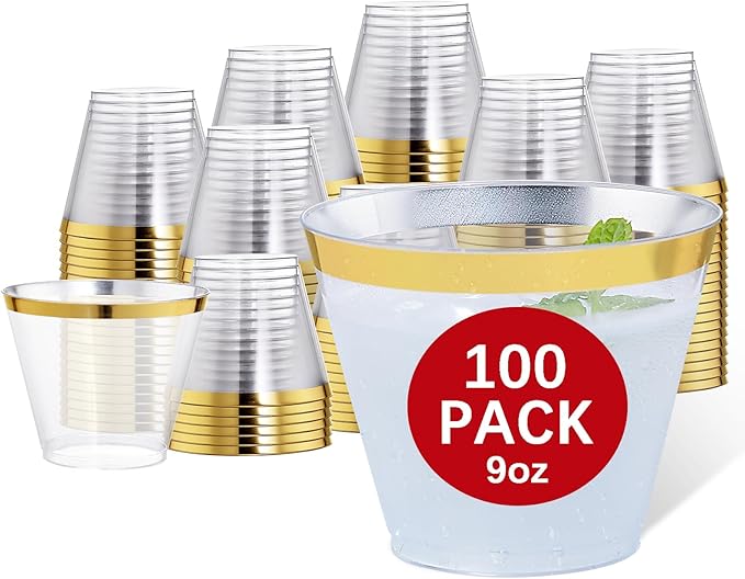 Hioasis 100Pcs 9OZ Clear Plastic Cups with Gold Trim - Plastic Disposable Cups, Heavy Duty & BPA-free for Party, Wedding, Celebrations