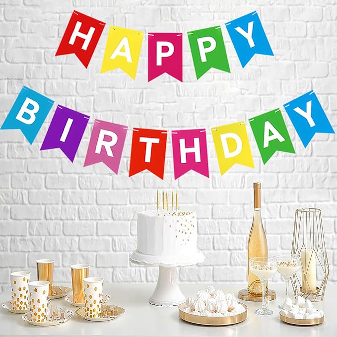 Rainbow Happy Birthday Banner Colorful Birthday Flag Bunting for Party Backdrop Decor, Happy Birthday Sign Party Supplies for Women Kids Baby Shower Hanging Decor
