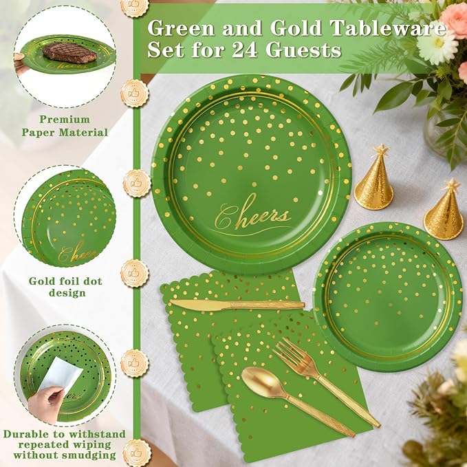 OuMuaMua Disposable Green Paper Plates Party Supplies for 24 Guests, 168 Pcs Green and Gold Party Plates, Cups and Napkins with Utensils Set for Birthday Graduation Party Decor