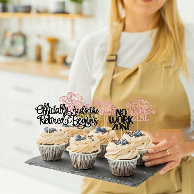 30 PCS Happy Retirement Cupcake Toppers Officially Retired Cupcake Picks No Work Zone Adventure Begins Cake Decorations for Retirement Theme Farewell Birthday Party Supplies Black Rose Gold
