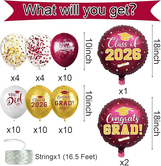 Maroon and Gold Graduation Balloons Graduation Decorations 2026, 51Pcs Grad Latex Balloons and Grad Foil Balloon with Confetti Ribbons Grad Party Decorations for College High School